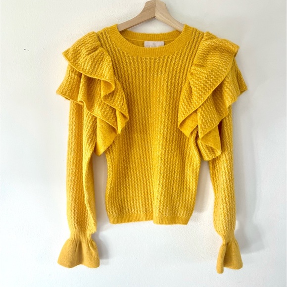 Rachel Parcell Yellow Treasure Pointelle Knit Ruffle Sweater Size XS‎ NWT - Picture 2 of 10